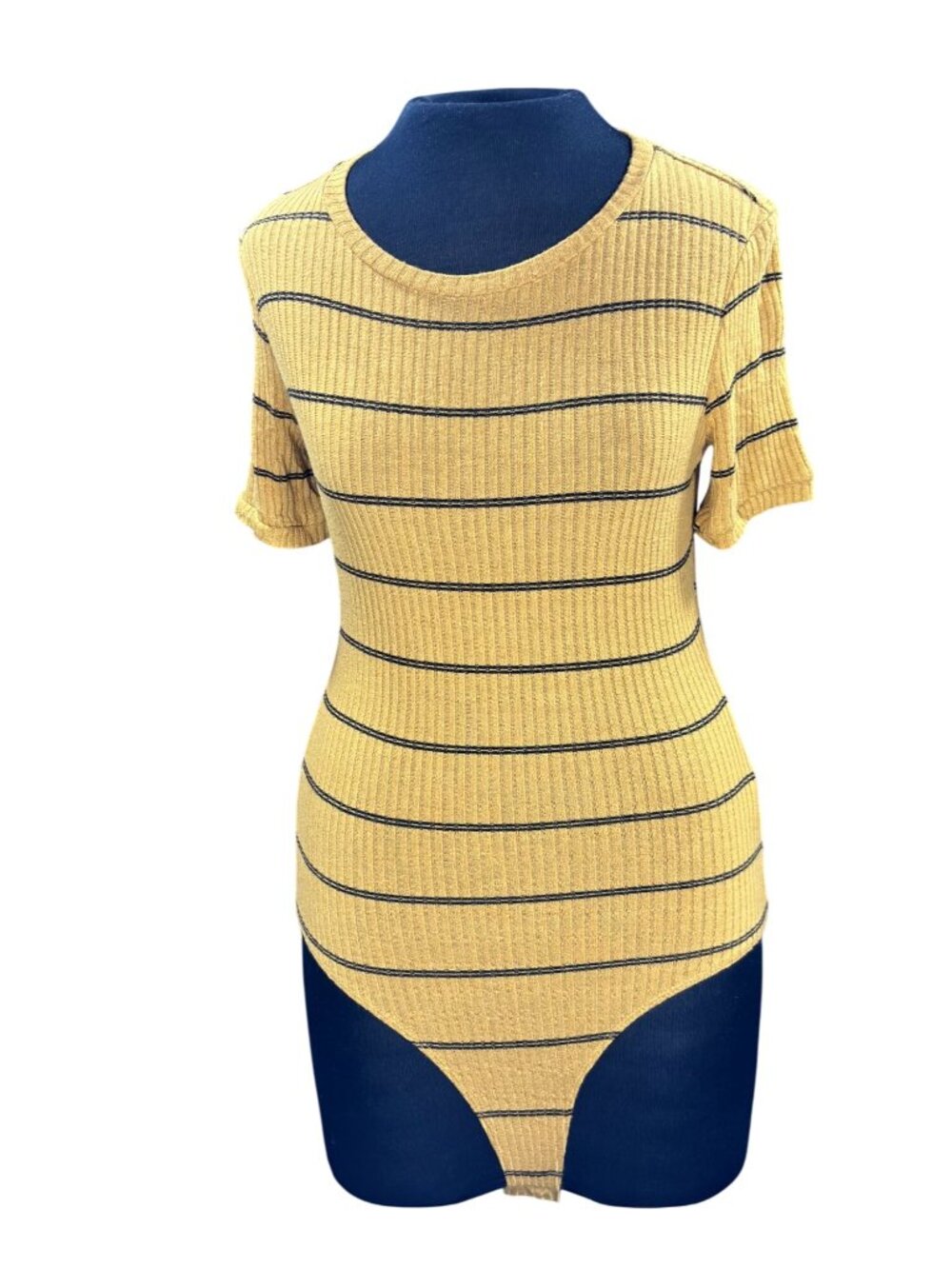 Charlotte Russe Mustard Yellow Striped Ribbed Knit Short Sleeve Bodysuit Size M